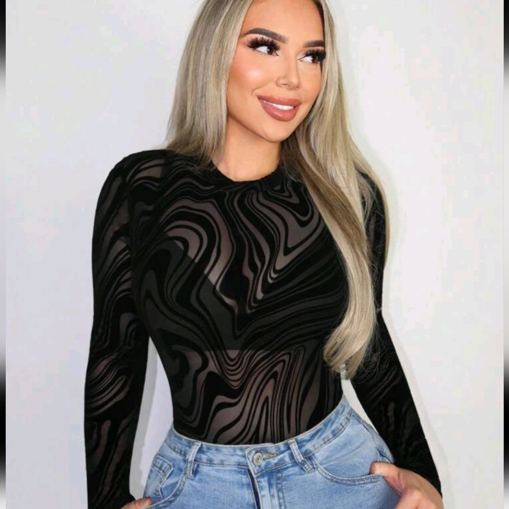 Foxxy Marble Print Mesh Bodysuit Without Lingerie